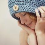 Slouchy Beanie Crochet Blue With Button